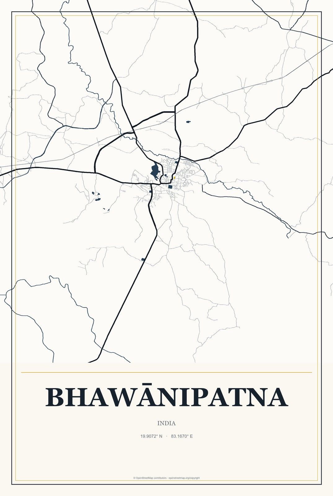 Bhawānipatna, India City Map Aluminum Sign in Citrine Modern style
