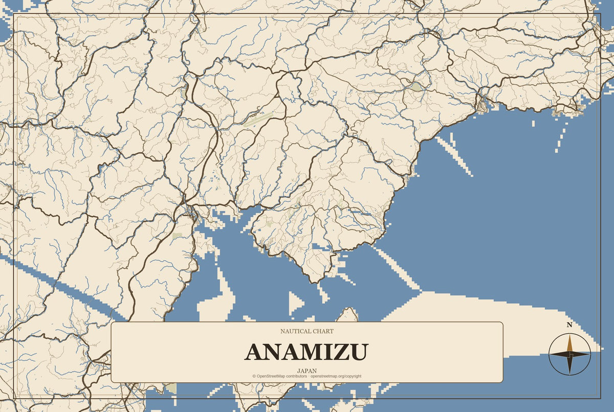 Anamizu, Japan City Map Aluminum Sign in Heritage Nautical style