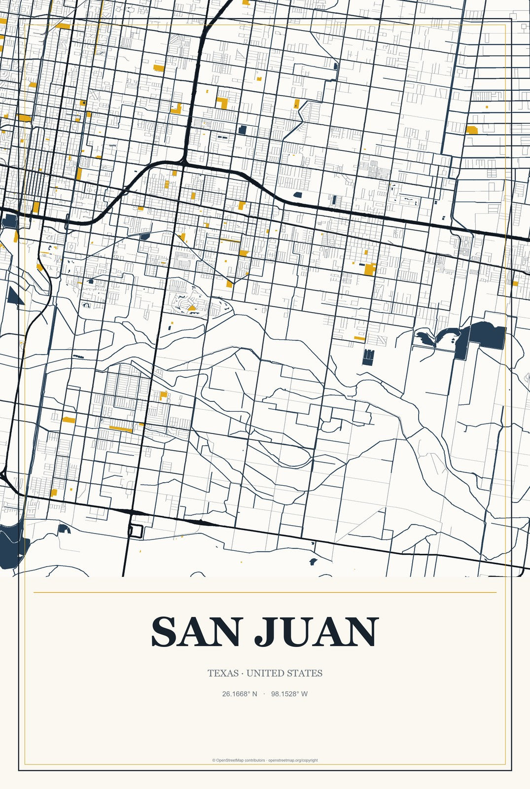 San Juan, Texas City Map Aluminum Sign in Citrine Modern style