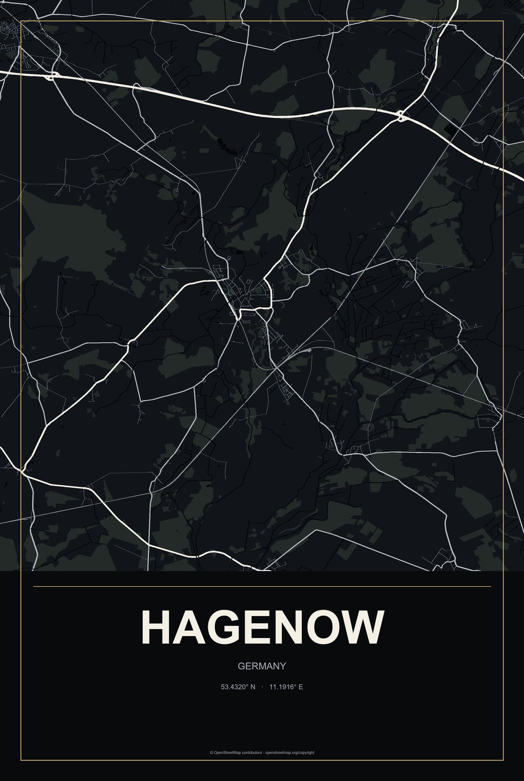 Hagenow, Germany City Map Aluminum Sign in Metropolitan Noir style