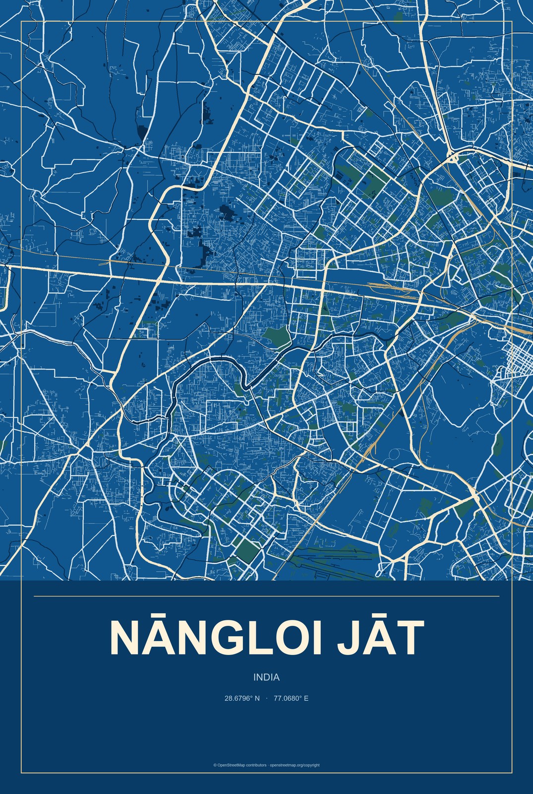 Nāngloi Jāt, India City Map Aluminum Sign in Harbor Cobalt style