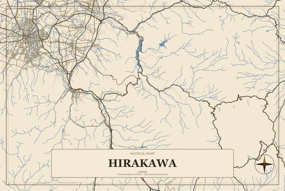 Hirakawa, Japan City Map Aluminum Sign in Heritage Nautical style
