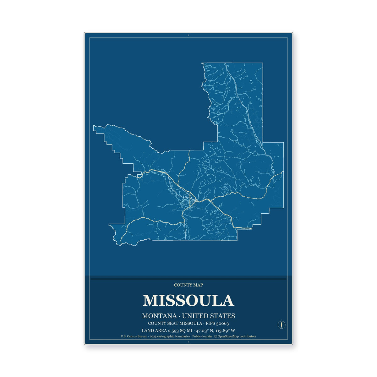 Missoula County, Montana Map Aluminum Sign in Harbor Cobalt style