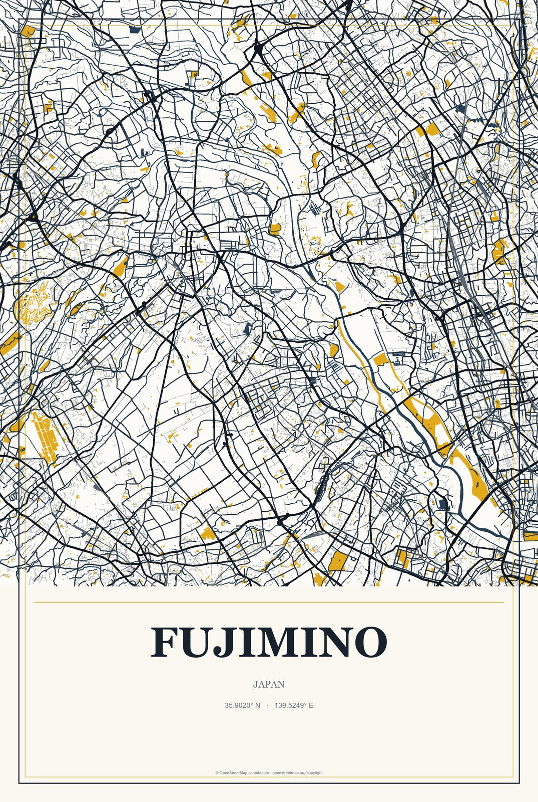 Fujimino, Japan City Map Aluminum Sign in Citrine Modern style