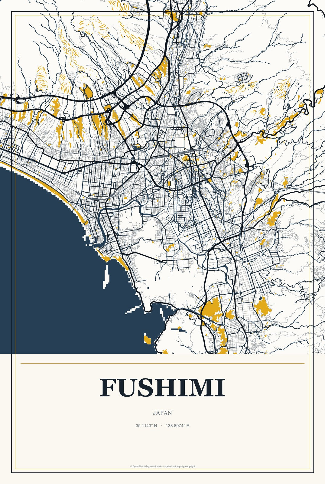 Fushimi, Japan City Map Aluminum Sign in Citrine Modern style