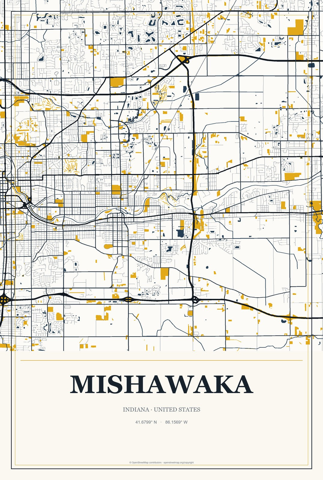 Mishawaka, Indiana City Map Aluminum Sign in Citrine Modern style