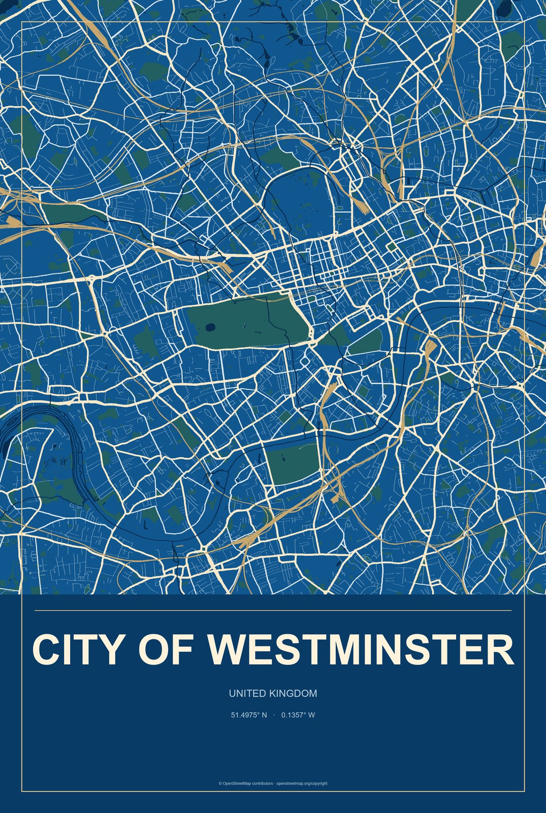 City of Westminster, United Kingdom City Map Aluminum Sign in Harbor Cobalt style