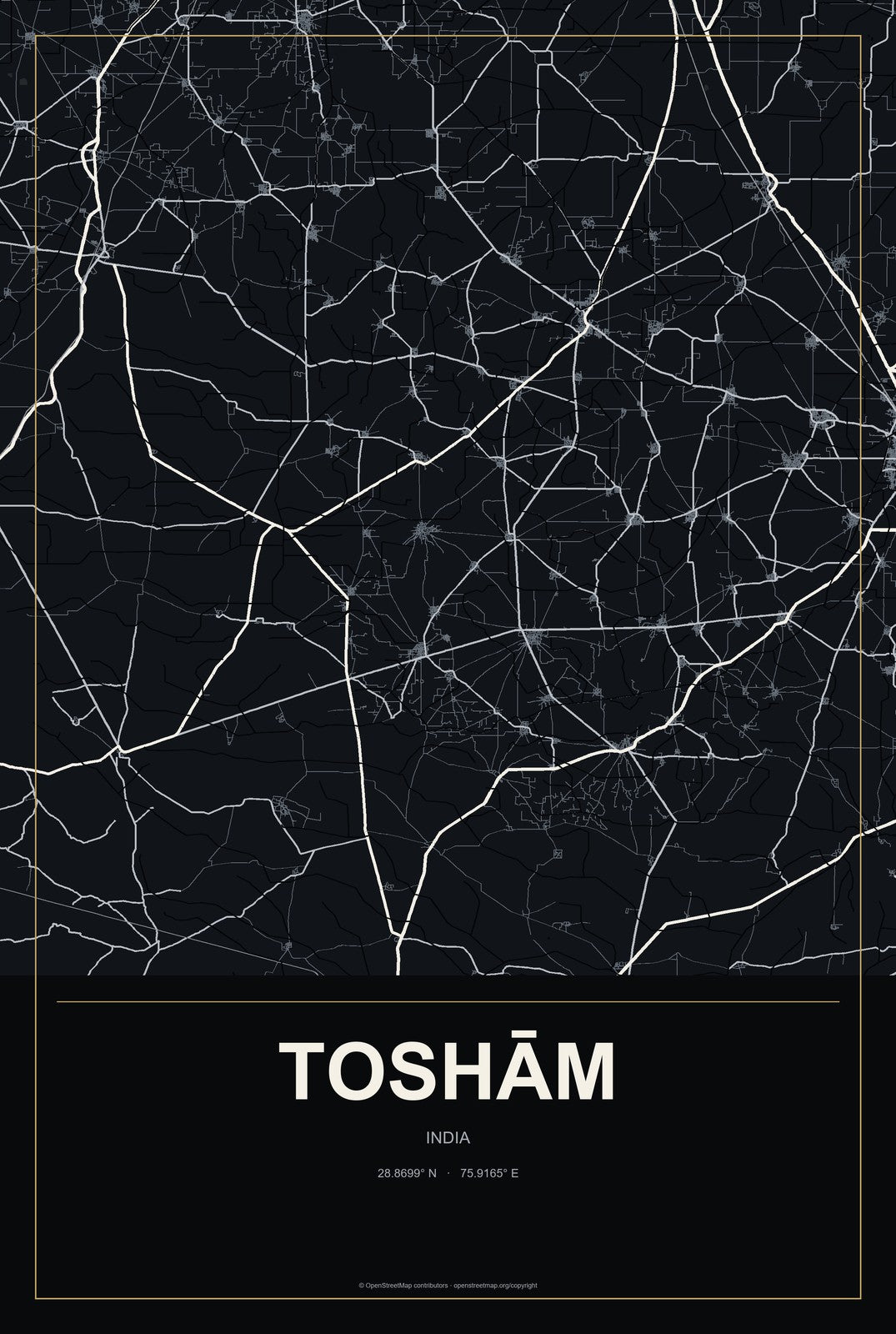 Toshām, India City Map Aluminum Sign in Metropolitan Noir style
