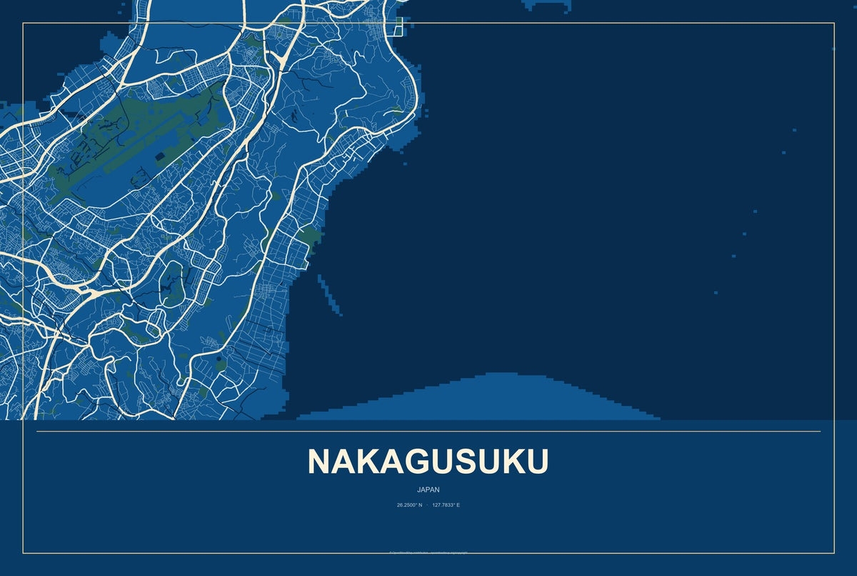 Nakagusuku, Japan City Map Aluminum Sign in Harbor Cobalt style