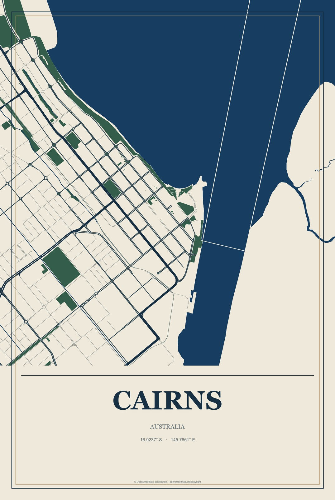 Cairns, Australia City Map Aluminum Sign in Coastal Cutout style