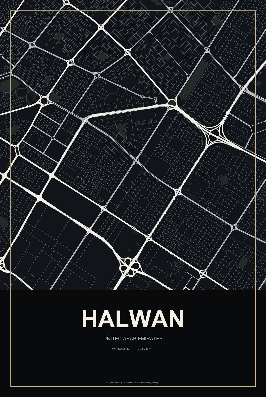 Halwan, United Arab Emirates City Map Aluminum Sign in Metropolitan Noir style