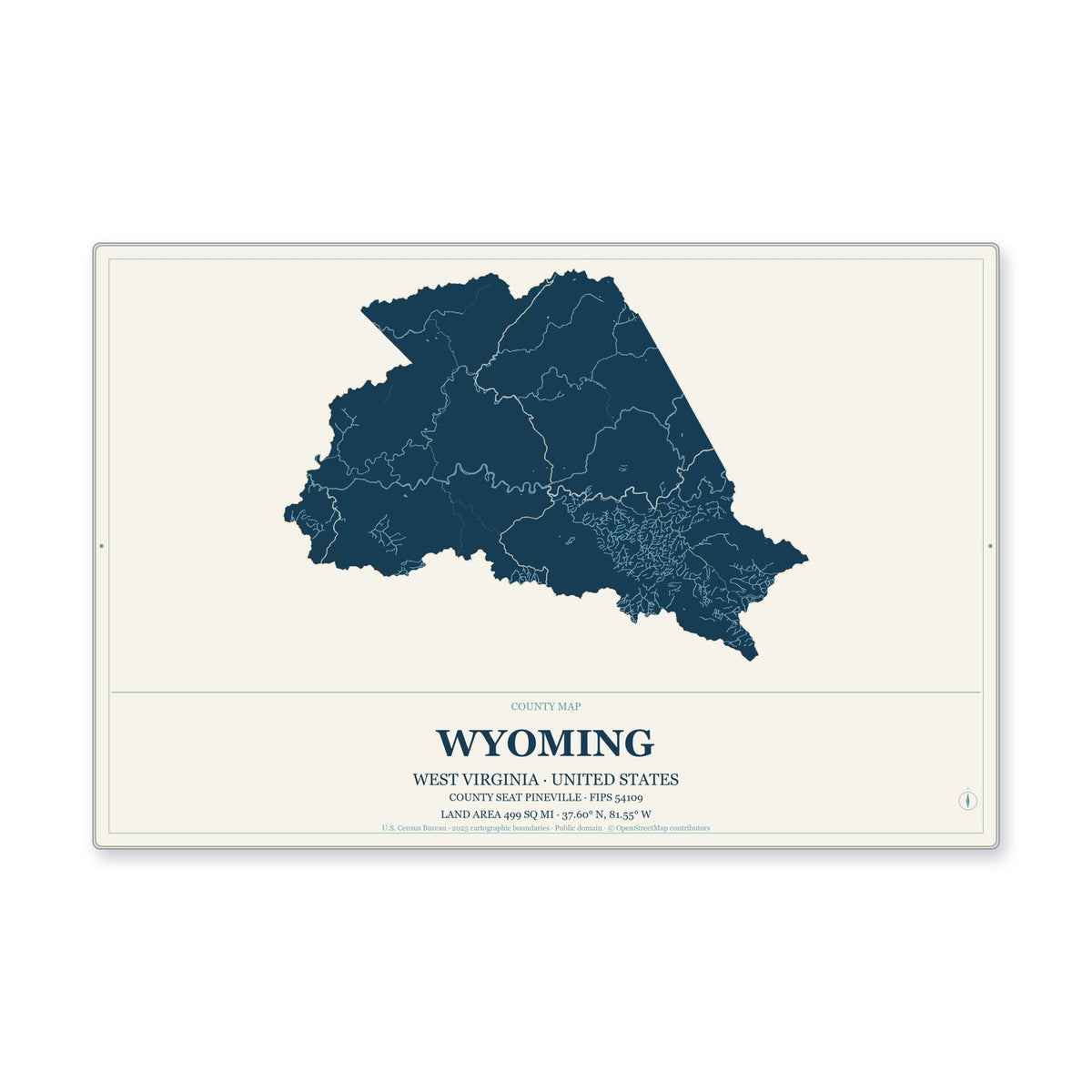 Wyoming County, West Virginia Map Aluminum Sign in Coastal Cutout style