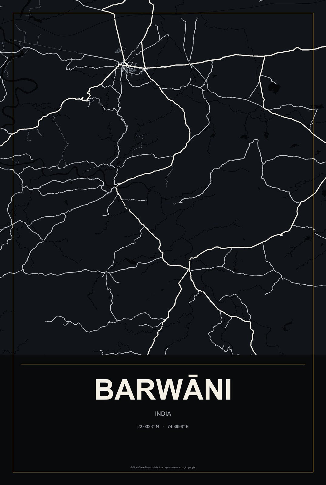 Barwāni, India City Map Aluminum Sign in Metropolitan Noir style