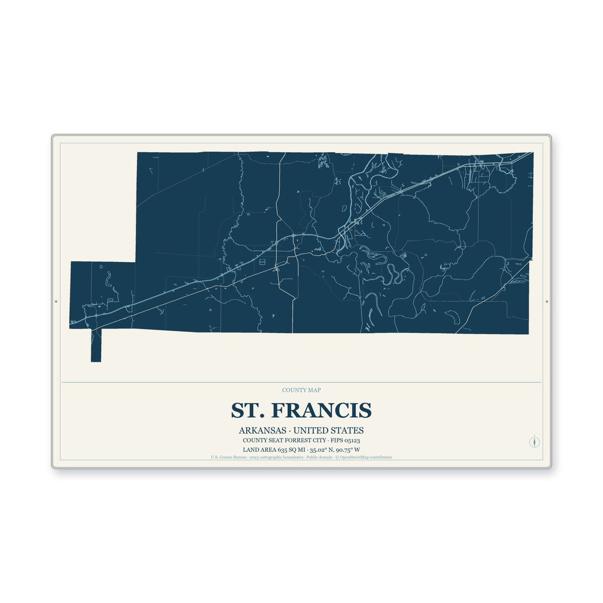 St. Francis County, Arkansas Map Aluminum Sign in Coastal Cutout style