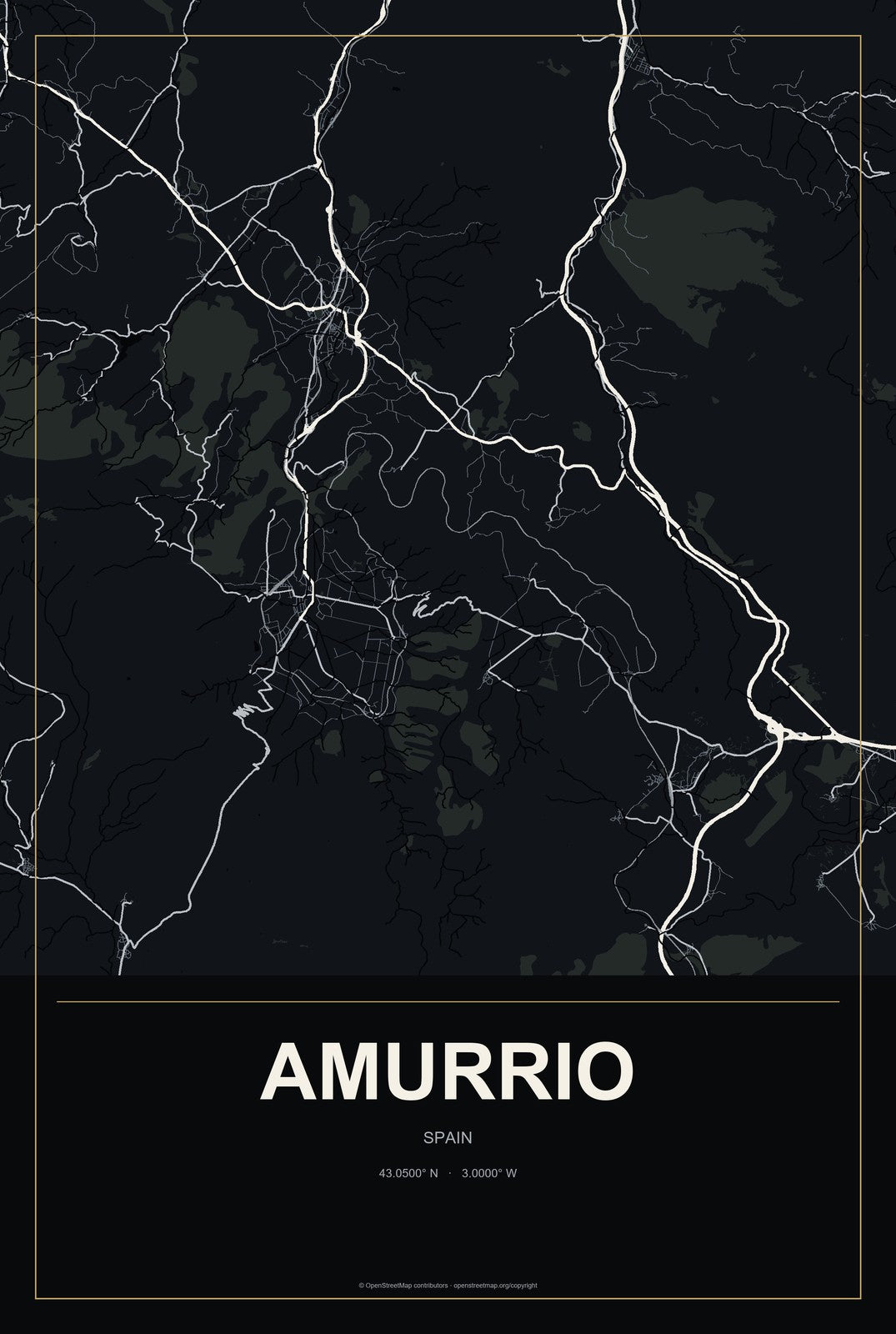 Amurrio, Spain City Map Aluminum Sign in Metropolitan Noir style