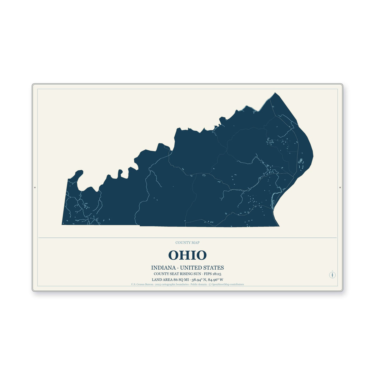 Ohio County, Indiana Map Aluminum Sign in Coastal Cutout style