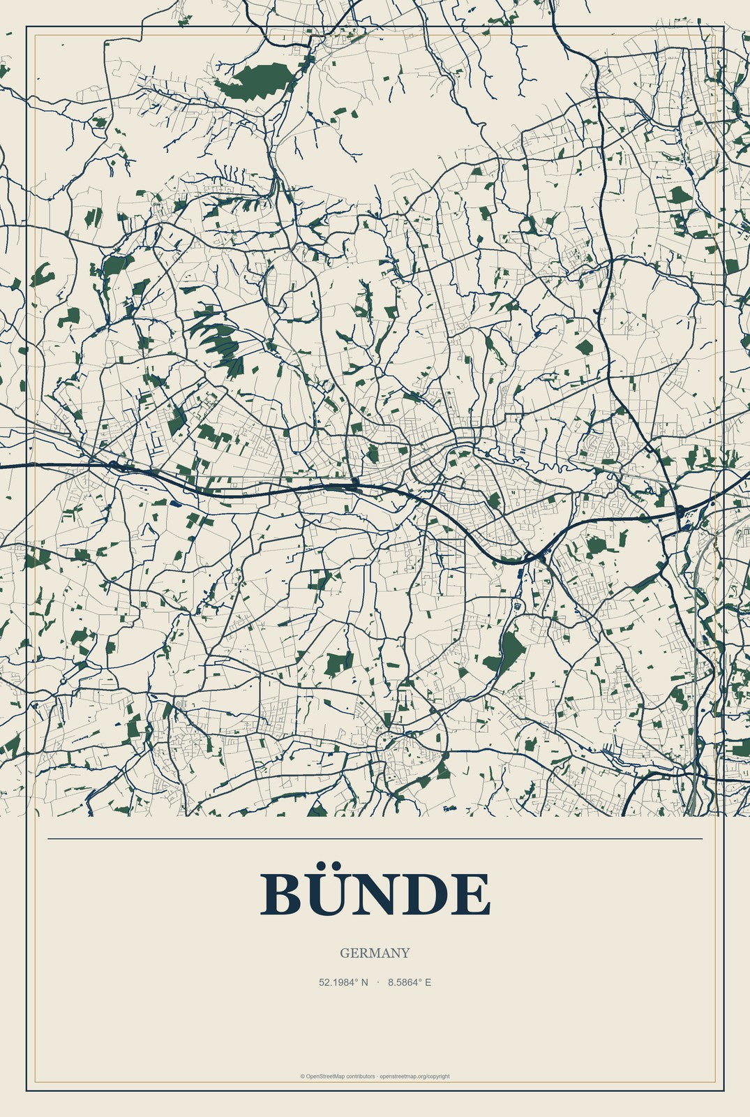 Bünde, Germany City Map Aluminum Sign in Coastal Cutout style