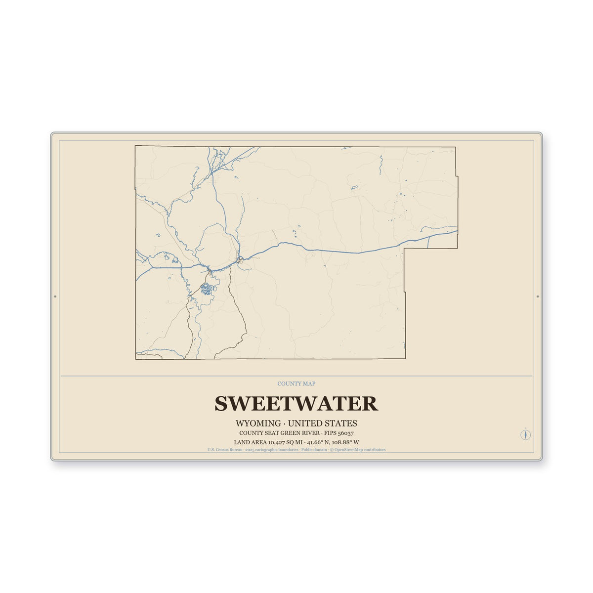 Sweetwater County, Wyoming Map Aluminum Sign in Heritage Nautical style