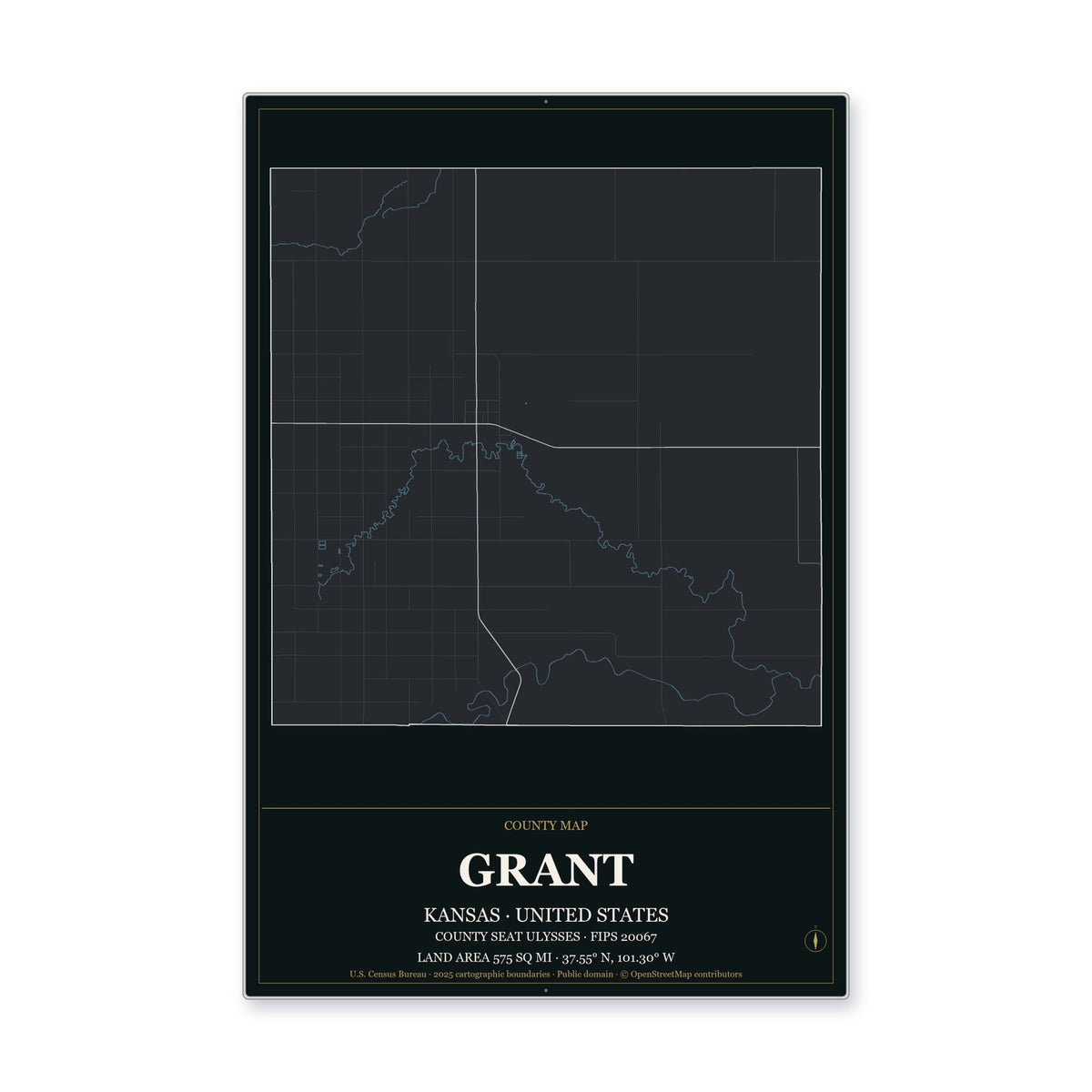 Grant County, Kansas Map Aluminum Sign in Metropolitan Noir style