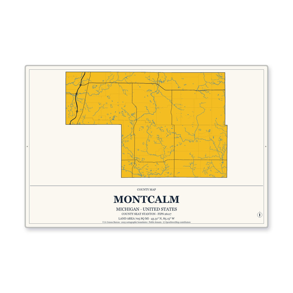 Montcalm County, Michigan Map Aluminum Sign in Citrine Modern style