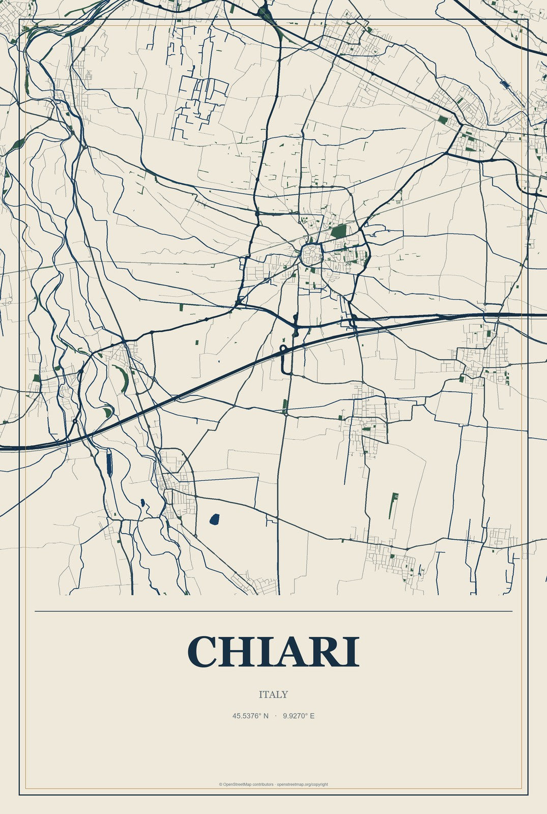 Chiari, Italy City Map Aluminum Sign in Coastal Cutout style