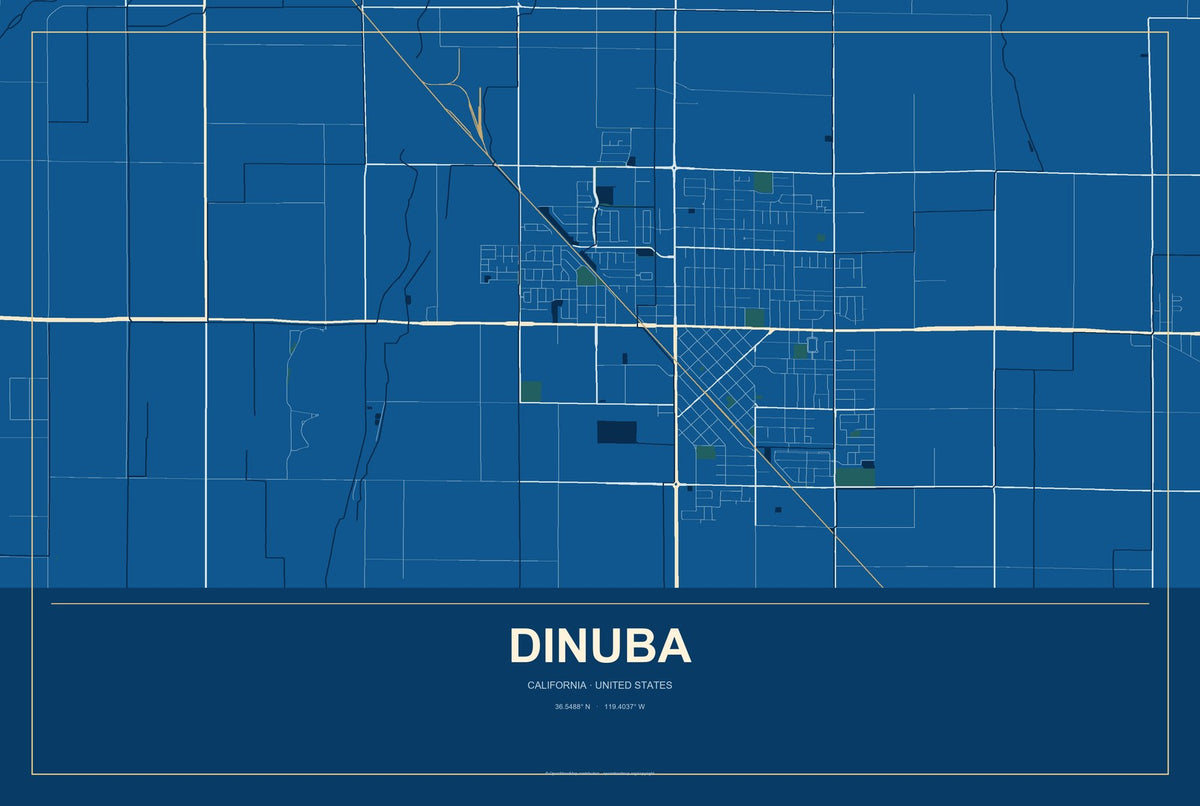 Dinuba, California City Map Aluminum Sign in Harbor Cobalt style
