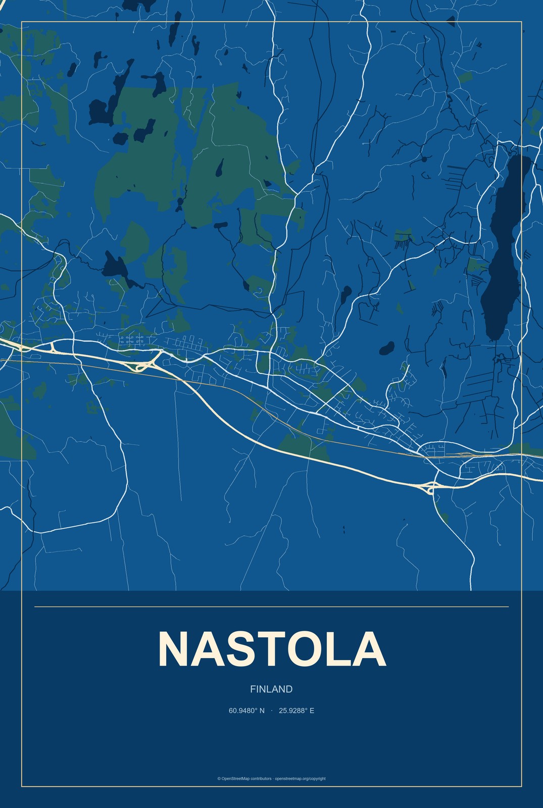Nastola, Finland City Map Aluminum Sign in Harbor Cobalt style