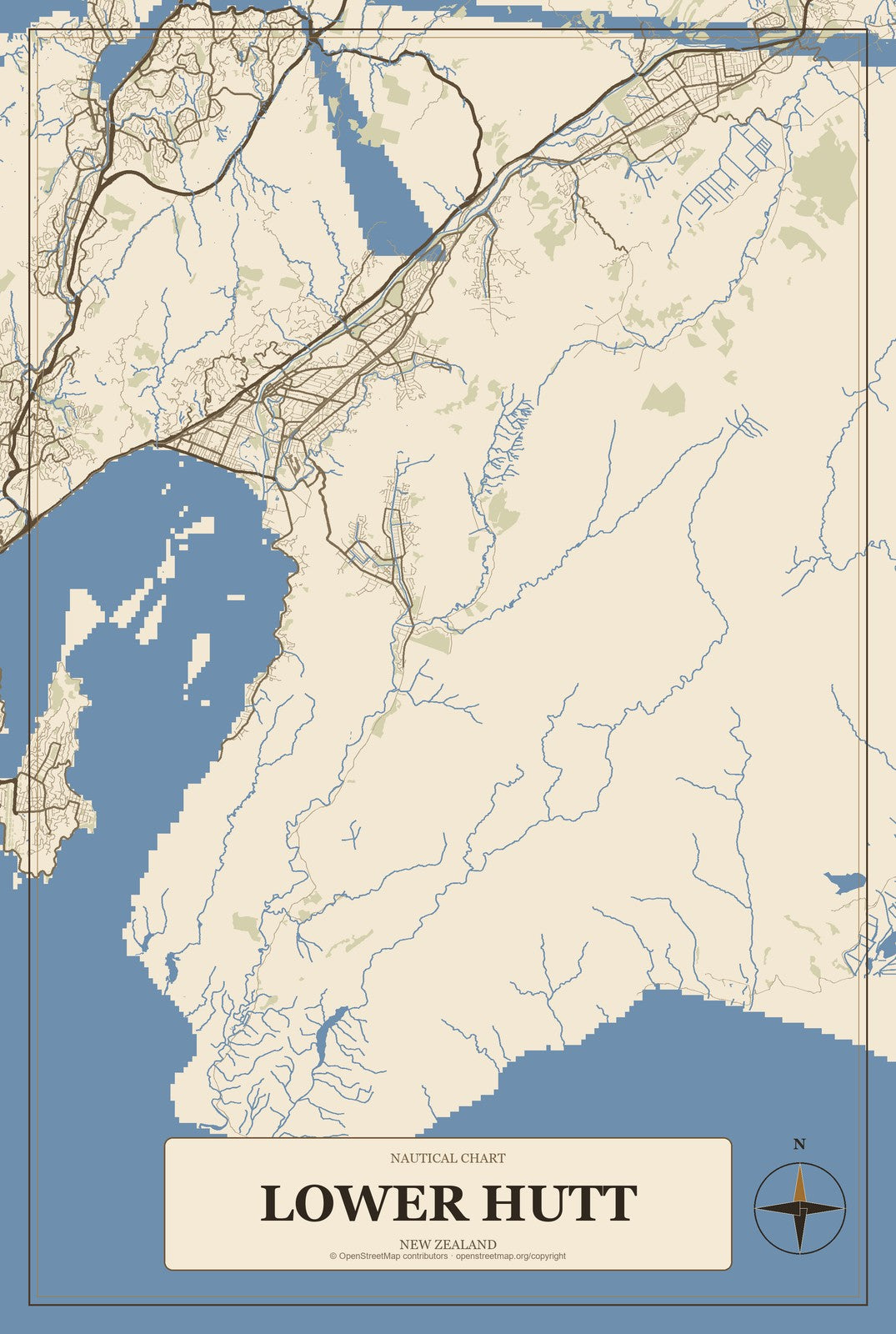 Lower Hutt, New Zealand City Map Aluminum Sign in Heritage Nautical style