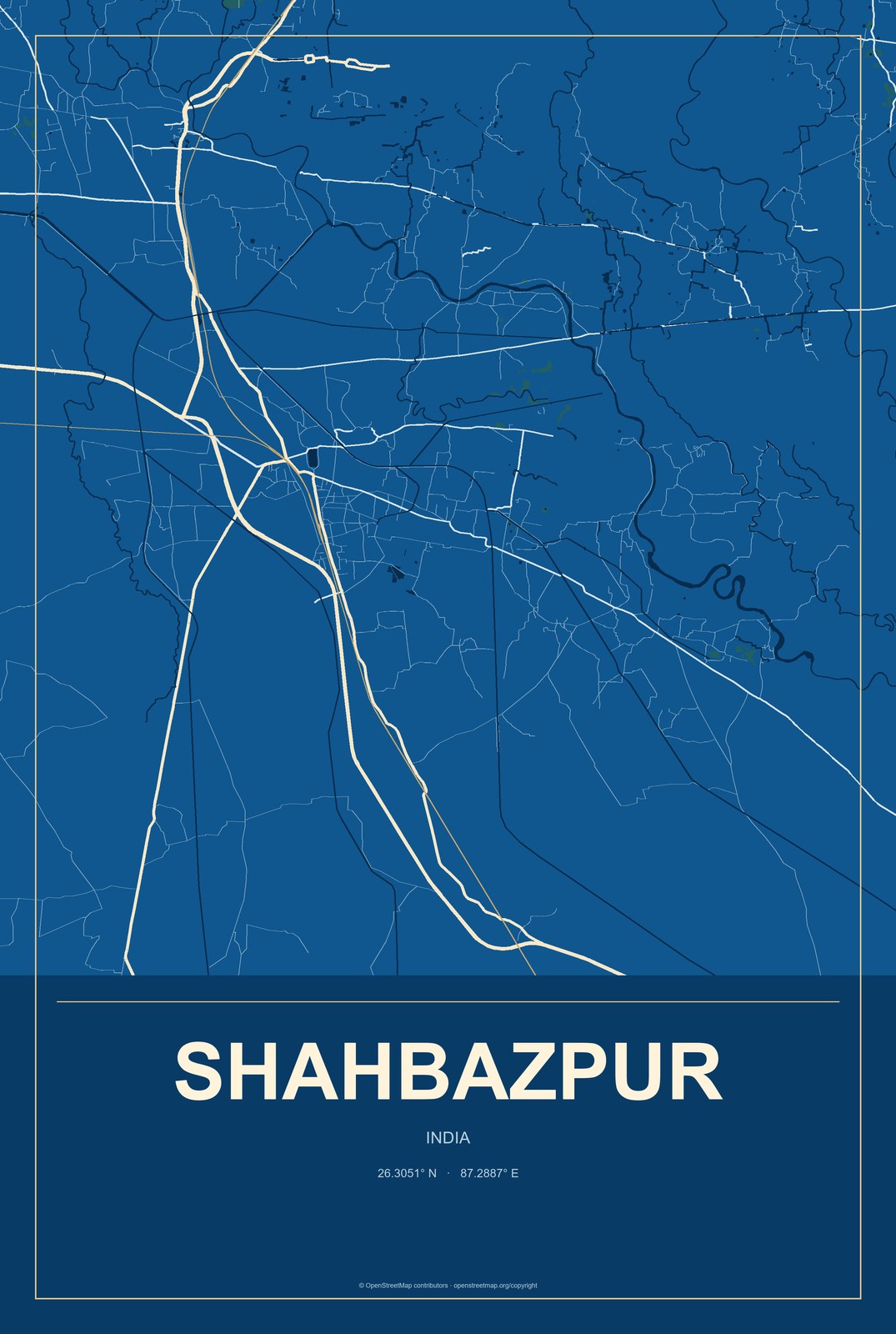 Shahbazpur, India City Map Aluminum Sign in Harbor Cobalt style