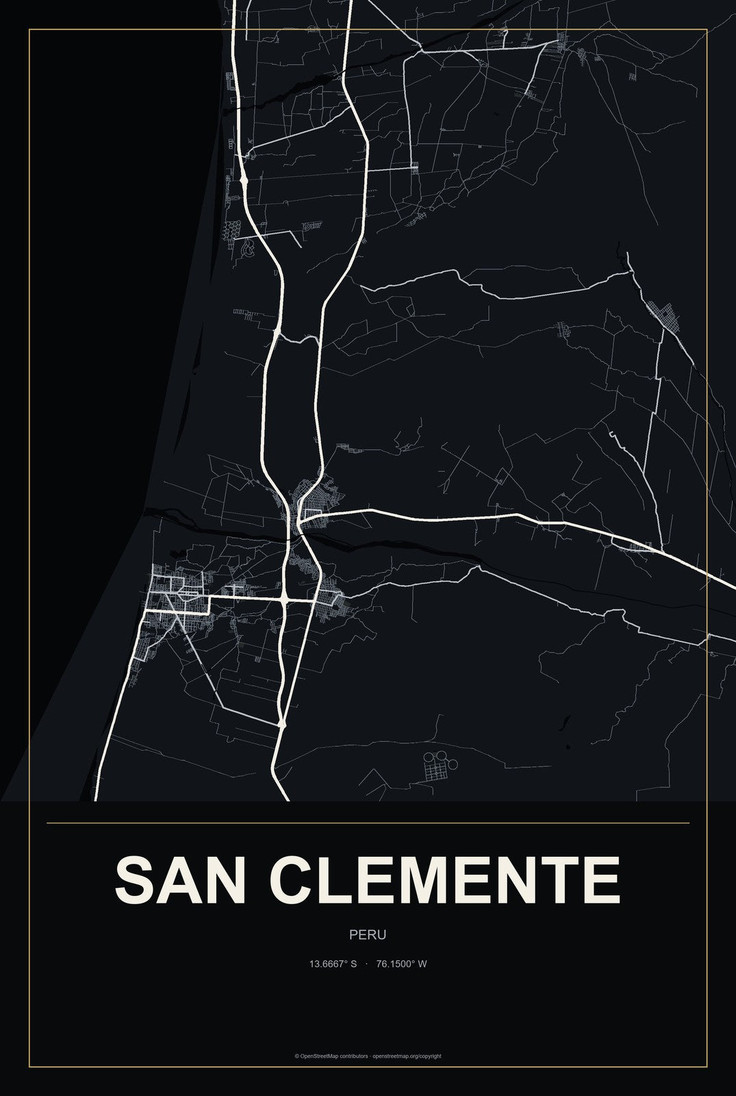 San Clemente, Peru City Map Aluminum Sign in Metropolitan Noir style