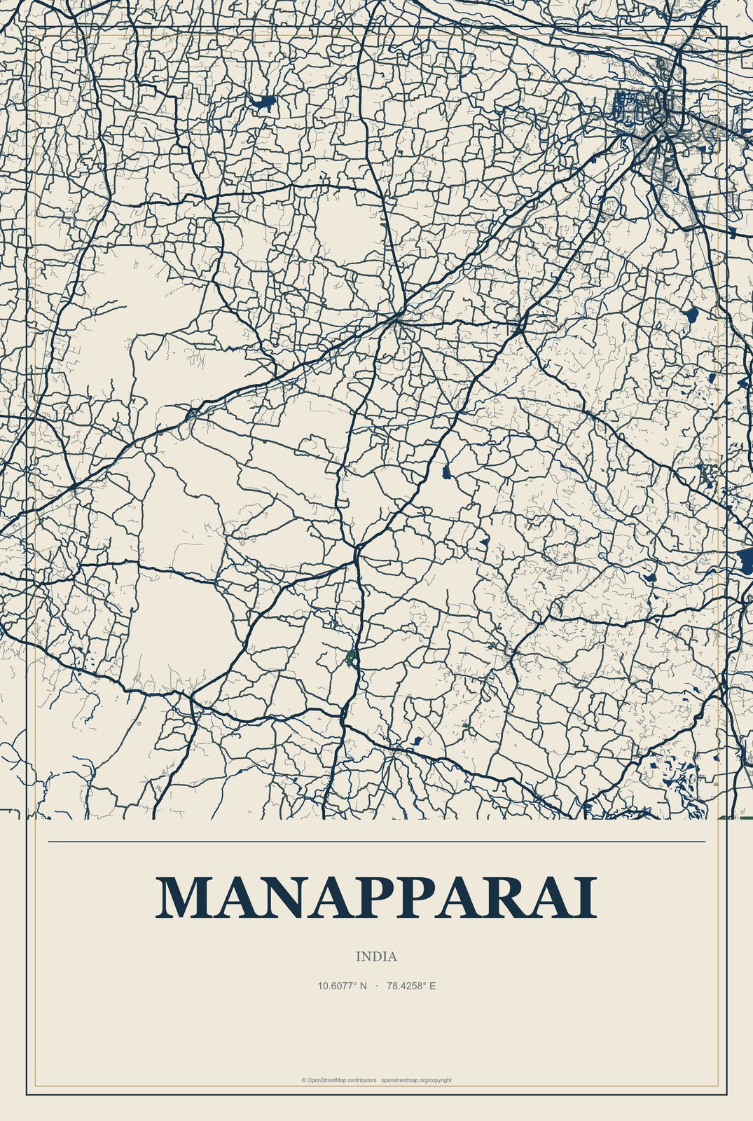 Manapparai, India City Map Aluminum Sign in Coastal Cutout style