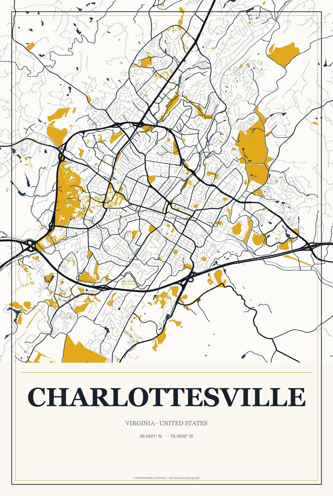 Charlottesville, Virginia City Map Aluminum Sign in Citrine Modern style