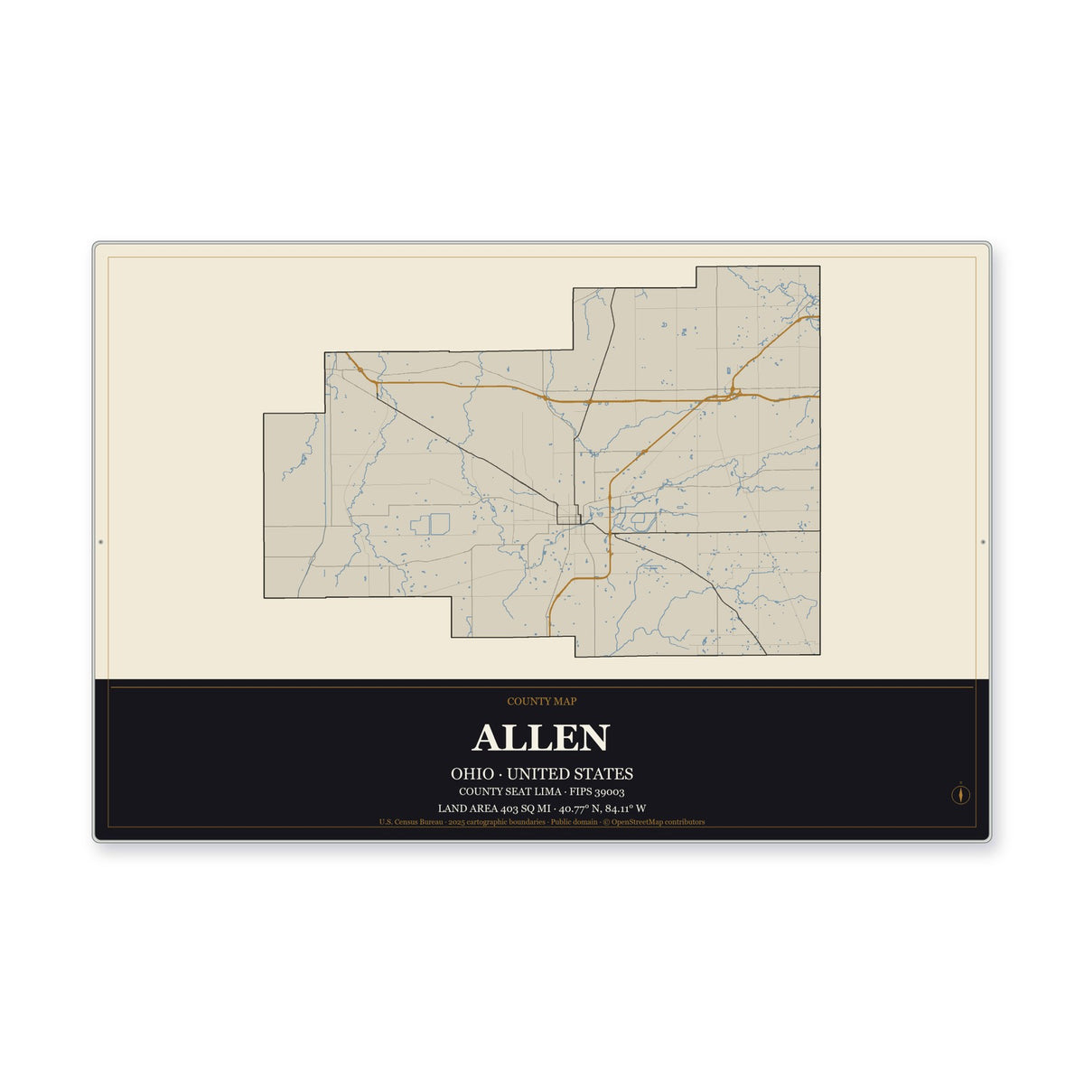 Allen County, Ohio Map Aluminum Sign in Museum Plaque style