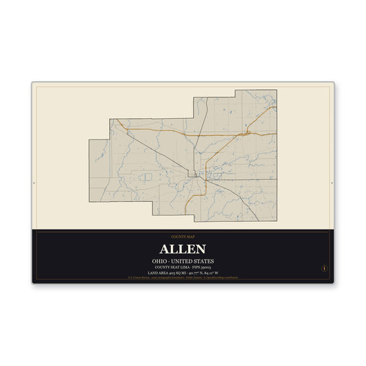 Allen County, Ohio Map Aluminum Sign in Museum Plaque style