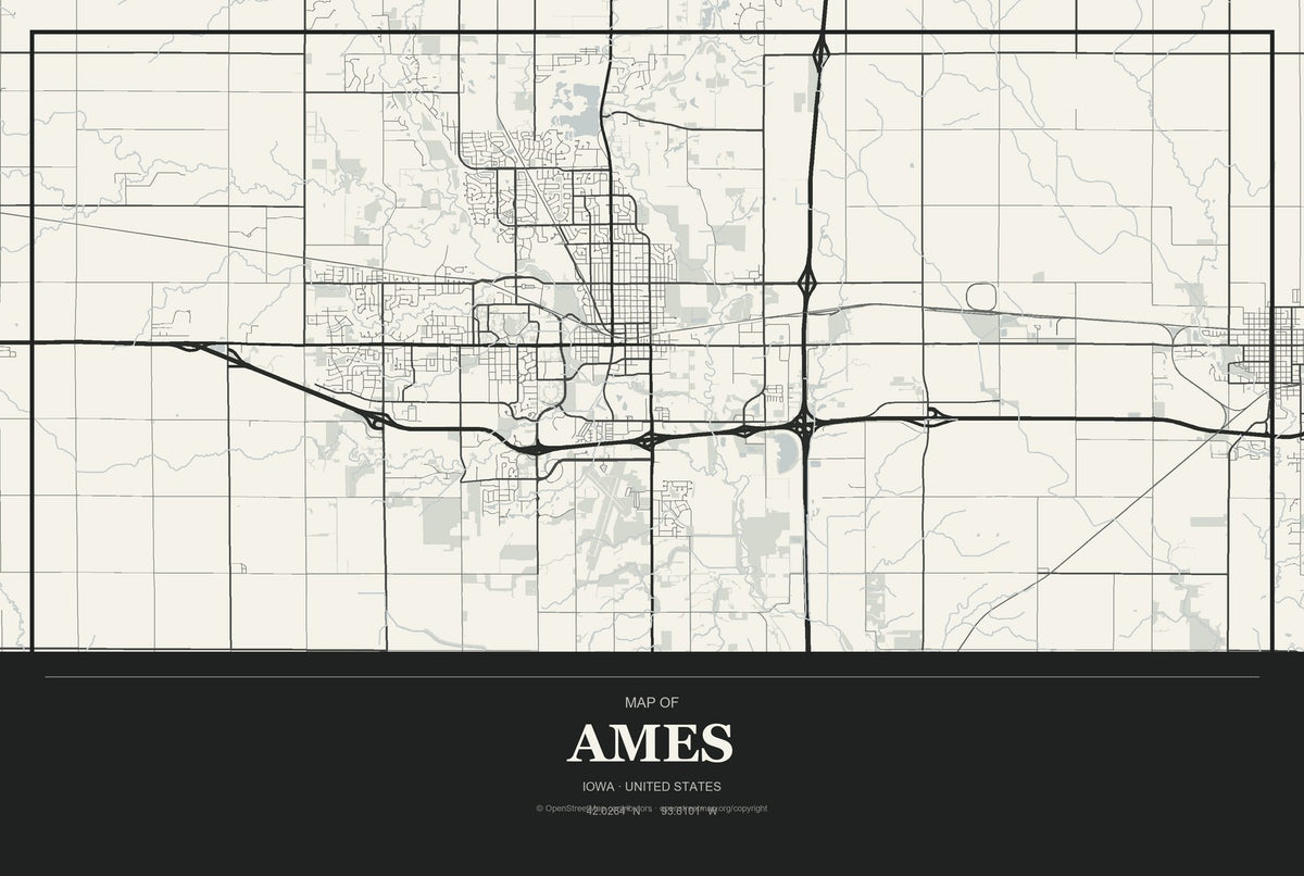 Ames, Iowa City Map Aluminum Sign in Museum Plaque style
