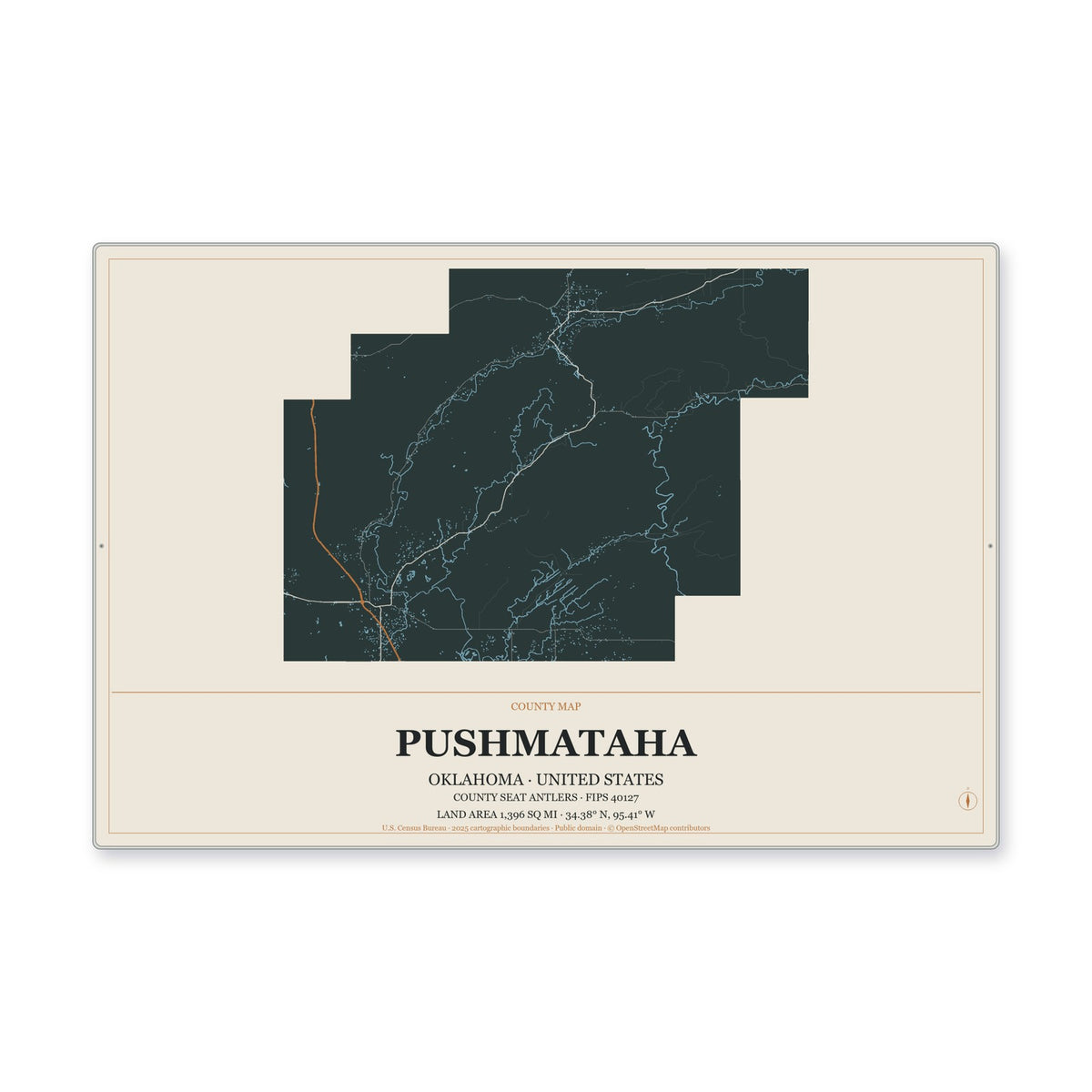 Pushmataha County, Oklahoma Map Aluminum Sign in Headline Atlas style