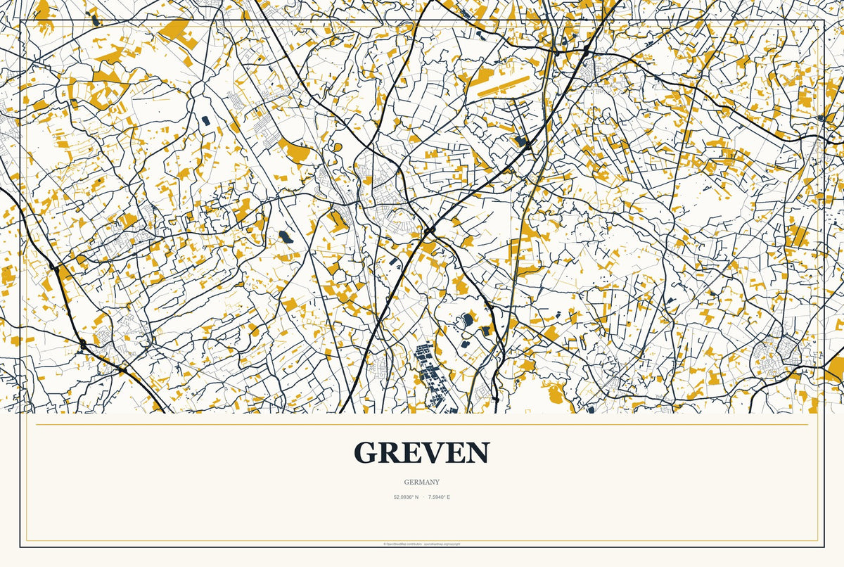Greven, Germany City Map Aluminum Sign in Citrine Modern style