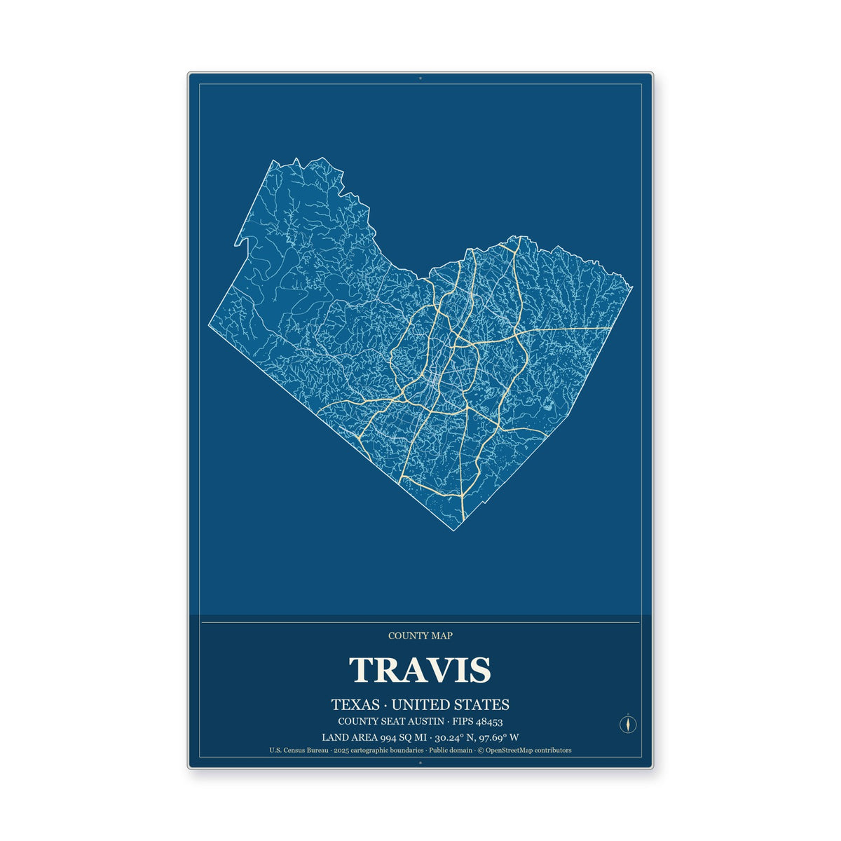 Travis County, Texas Map Aluminum Sign in Harbor Cobalt style