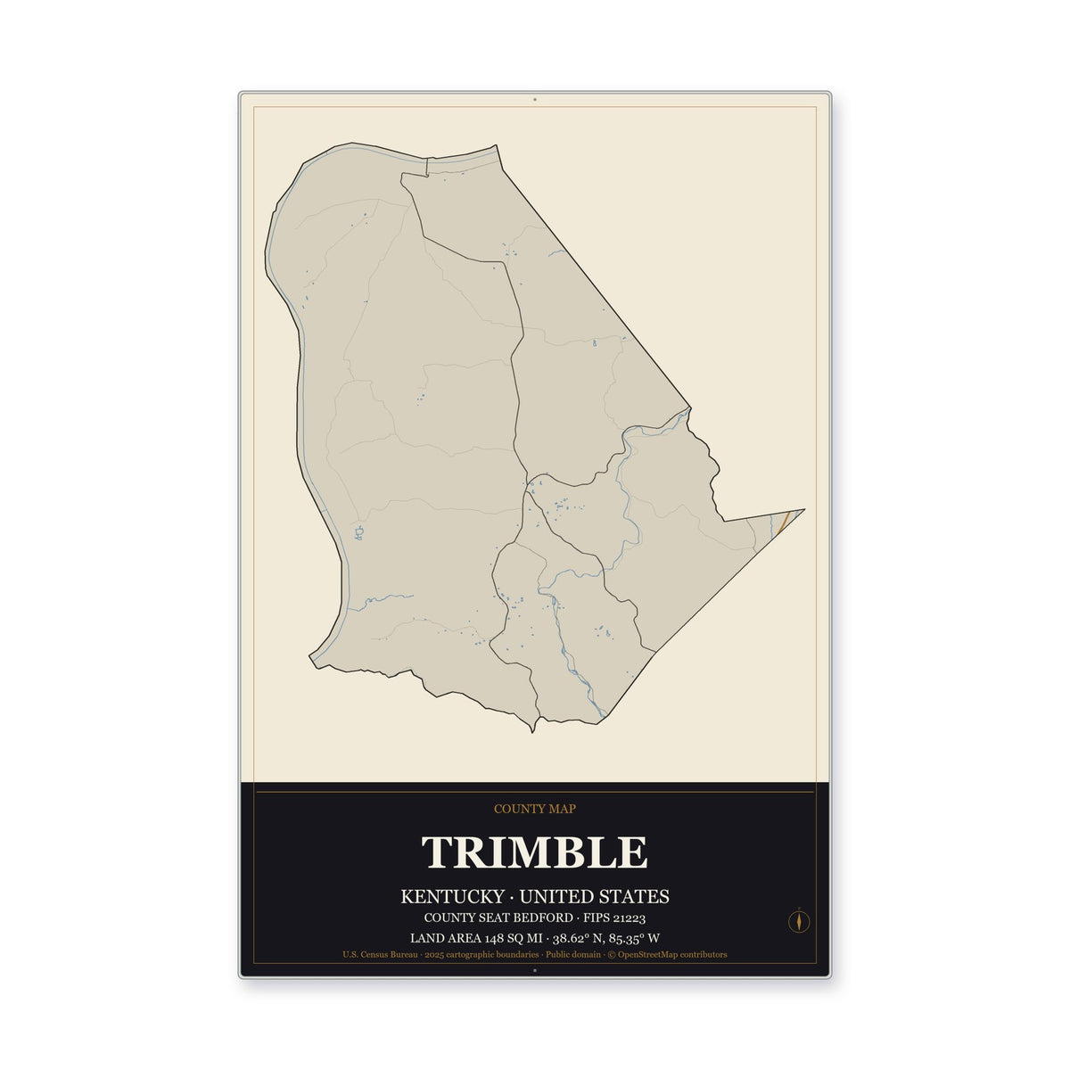 Trimble County, Kentucky Map Aluminum Sign in Museum Plaque style