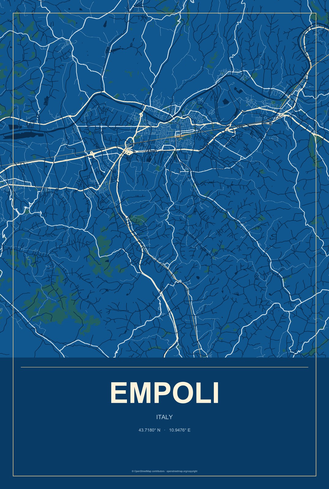 Empoli, Italy City Map Aluminum Sign in Harbor Cobalt style