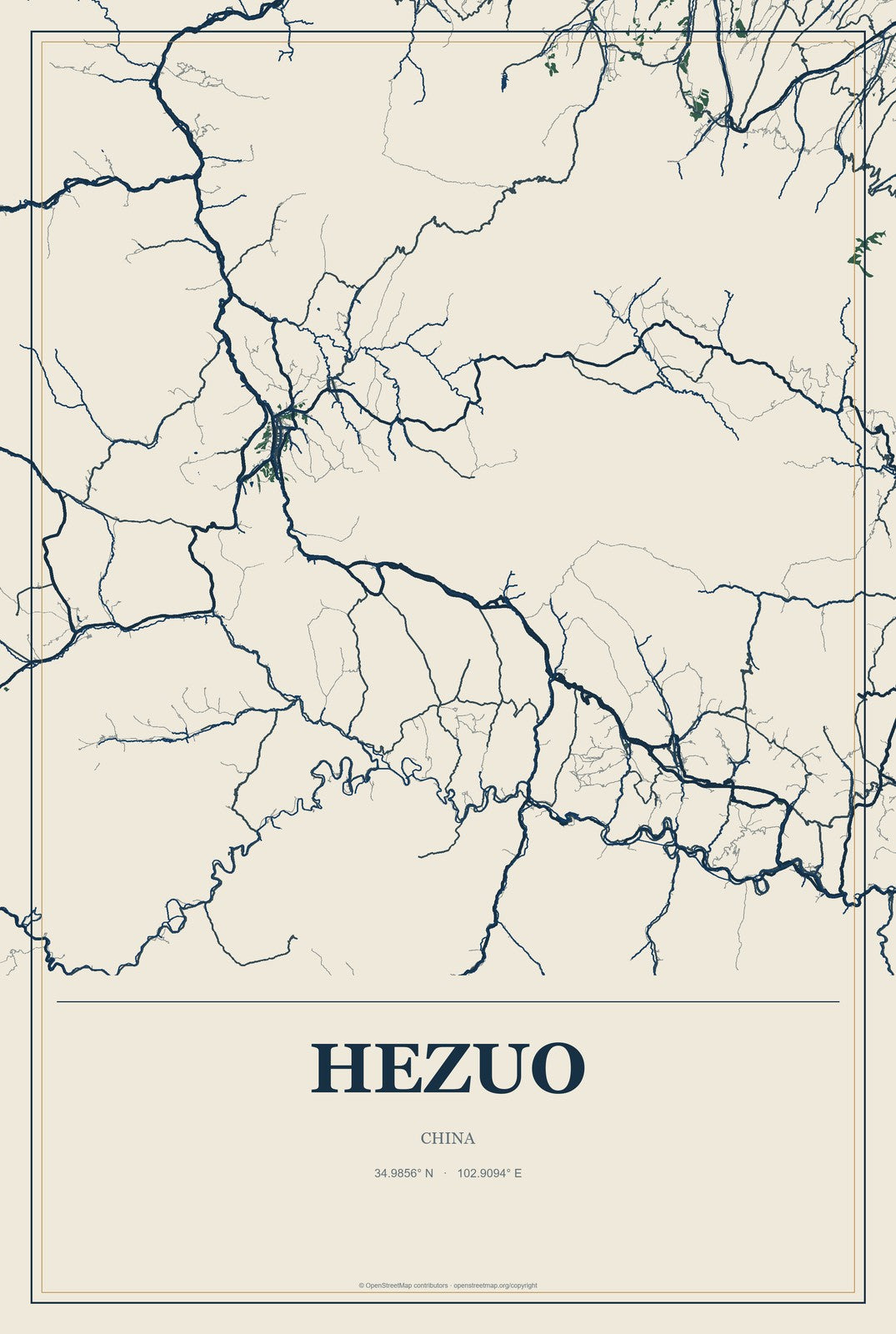 Hezuo, China City Map Aluminum Sign in Coastal Cutout style