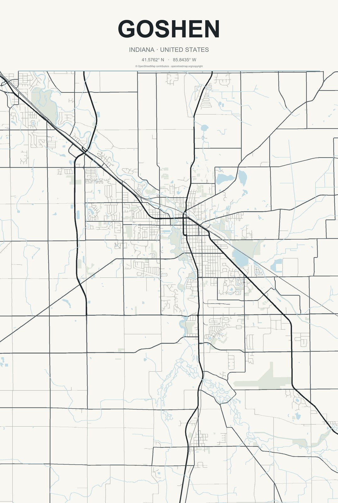 Goshen, Indiana City Map Aluminum Sign in Headline Atlas style