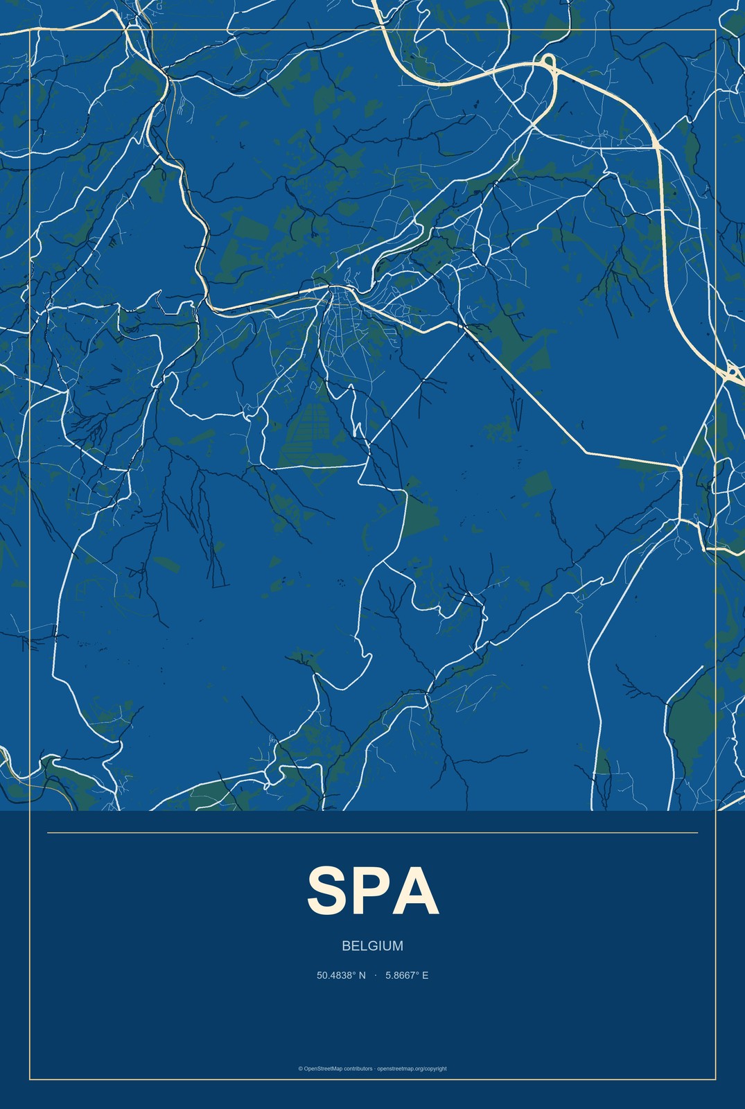 Spa, Belgium City Map Aluminum Sign in Harbor Cobalt style