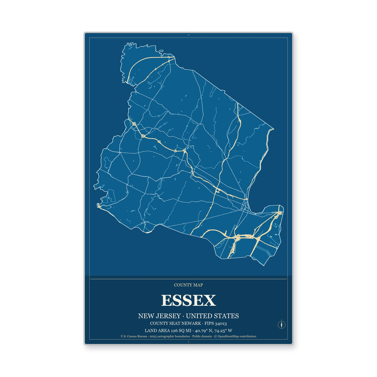 Essex County, New Jersey Map Aluminum Sign in Harbor Cobalt style