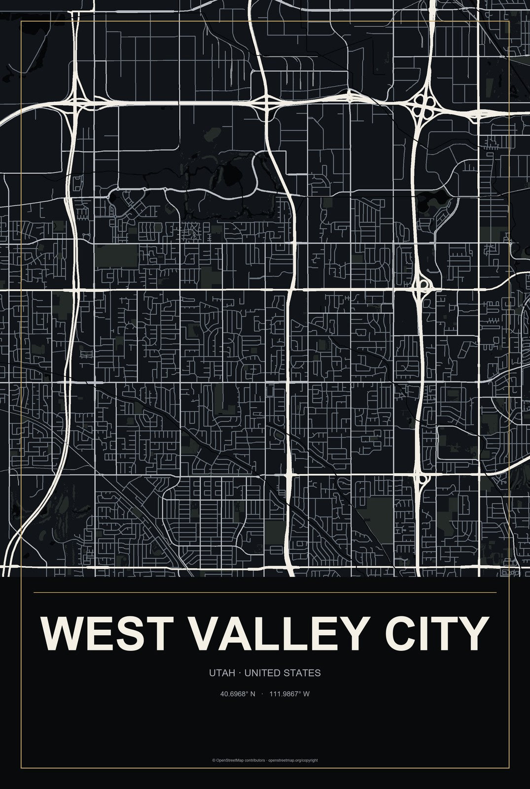 West Valley City, Utah City Map Aluminum Sign in Metropolitan Noir style
