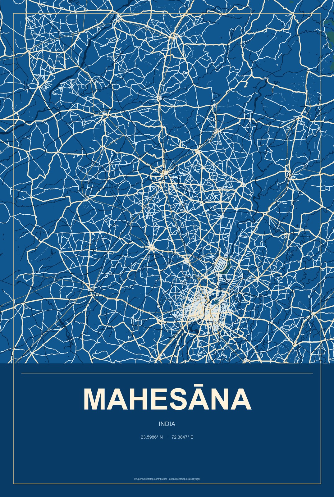 Mahesāna, India City Map Aluminum Sign in Harbor Cobalt style