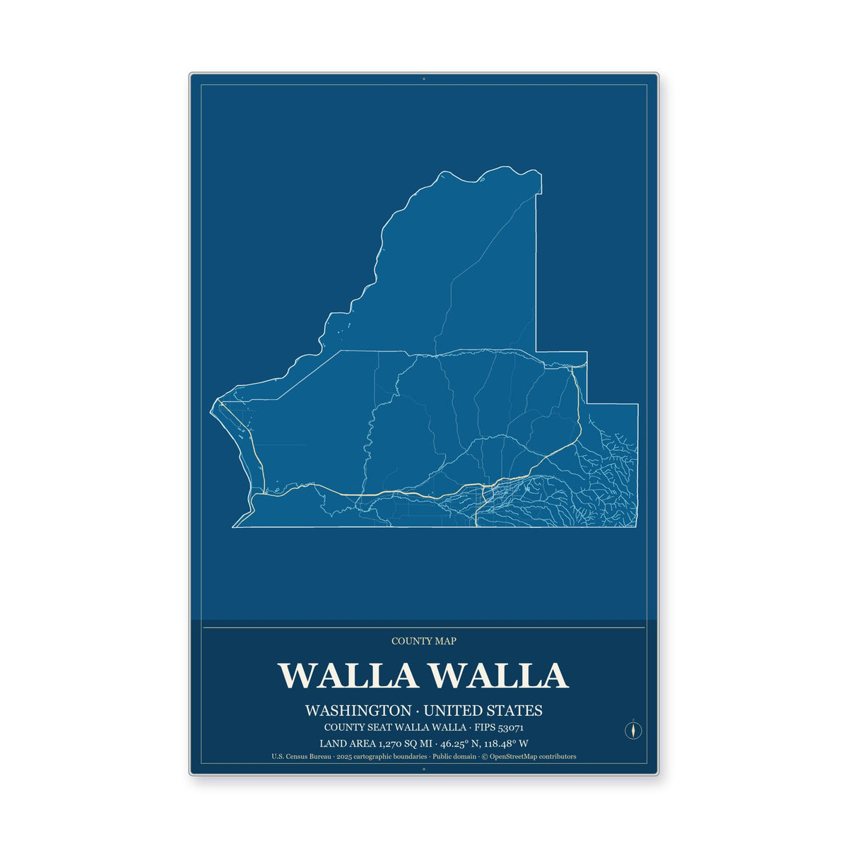 Walla Walla County, Washington Map Aluminum Sign in Harbor Cobalt style