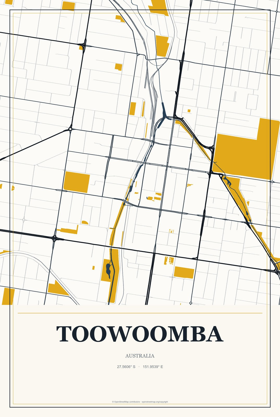 Toowoomba, Australia City Map Aluminum Sign in Citrine Modern style