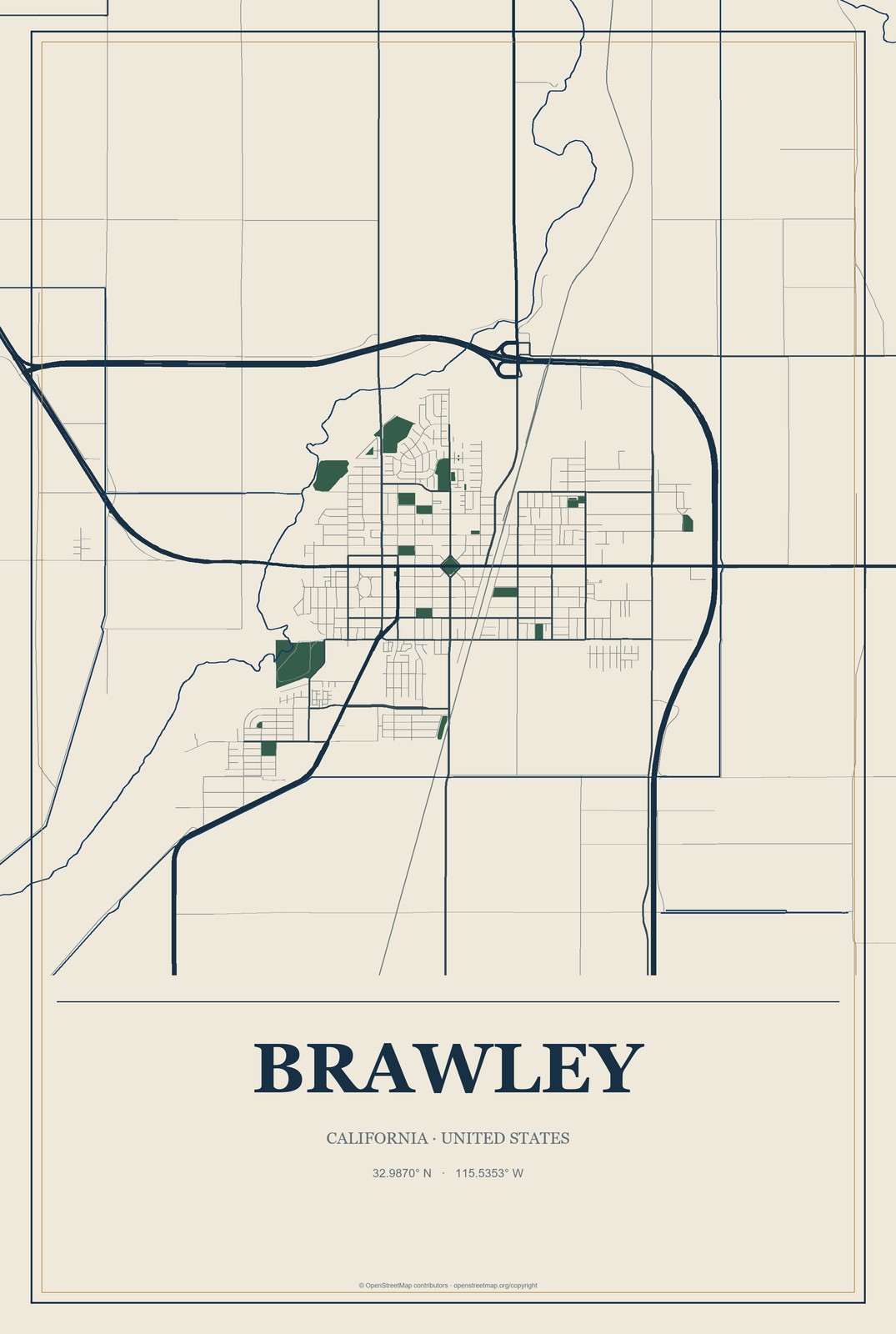 Brawley, California City Map Aluminum Sign in Coastal Cutout style