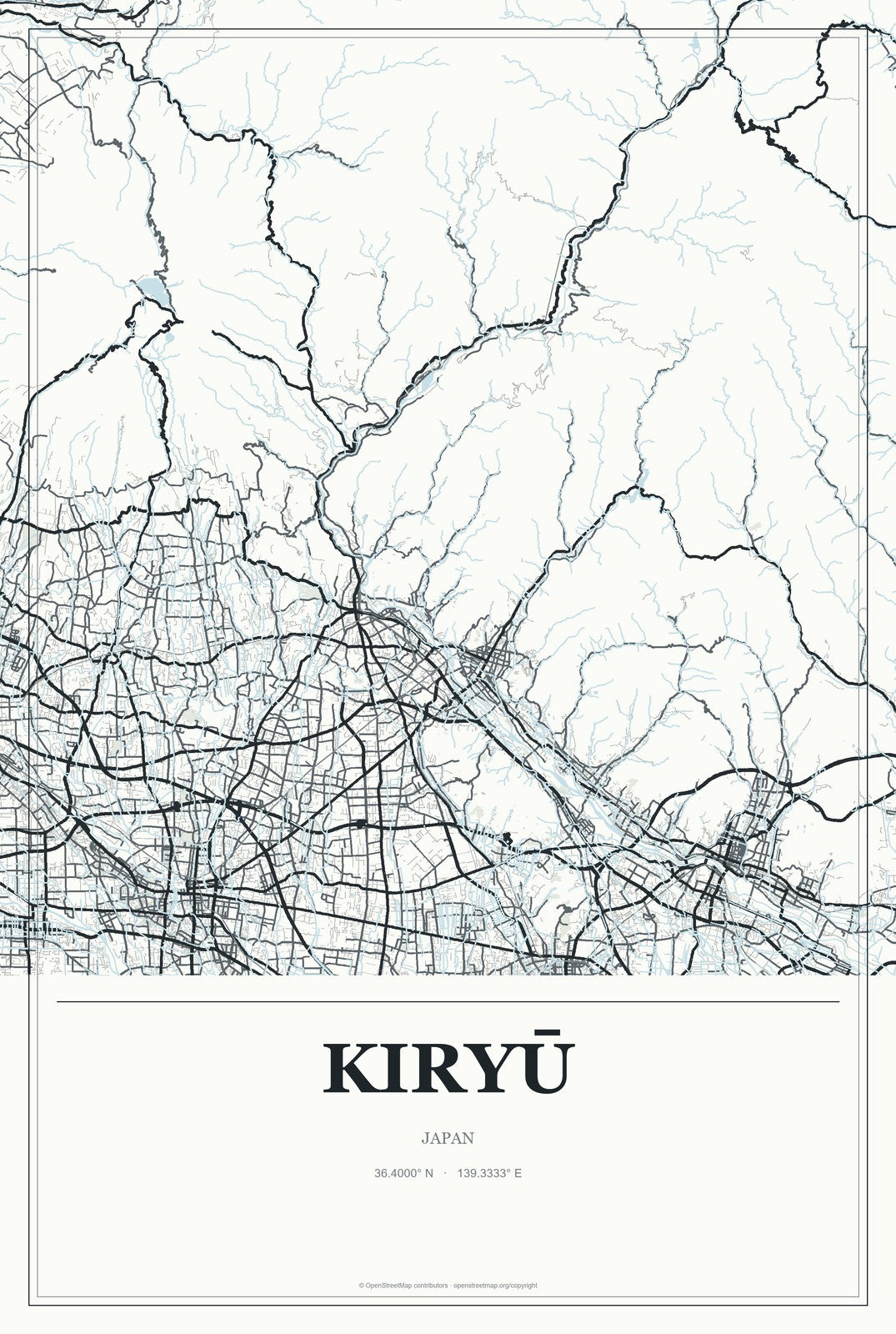 Kiryū, Japan City Map Aluminum Sign in Gallery Air style